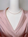 Rice Pearl Necklace 15 inches on Model Wearing Pink Blouse (5mm)