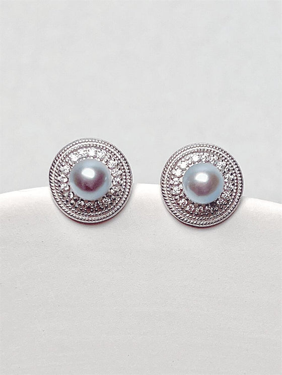 5mm Silver Blue Akoya Pearl Earrings in White Gold Vermeil