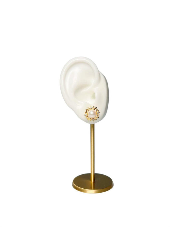 Olive Leaf Freshwater Pearl Earrings 6.5mm in 18K Gold Vermeil on Ear